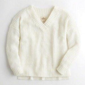 Oversized Waffle V-Neck Sweater - White - Size L